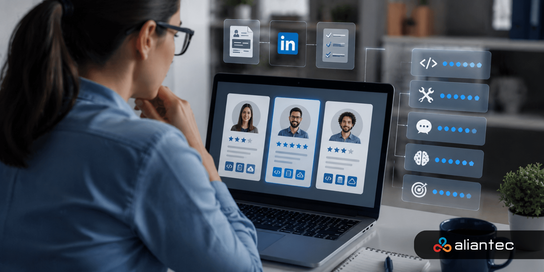 Recruiter IT revisa perfiles de profesionales tecnológico para seleccionar candidatos para nuevas búsquedas laborales.